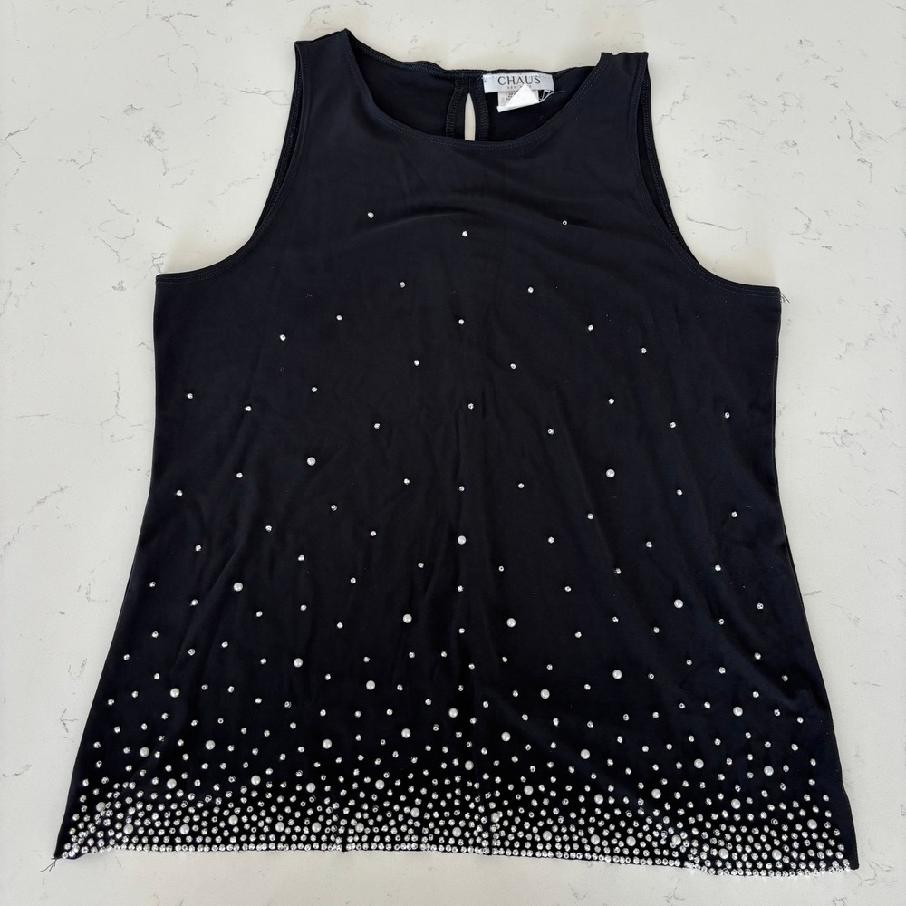 90s Vintage CHAUS New York Slinky Knit Black Pearl‎ Sequin Tank Top Glam Medium